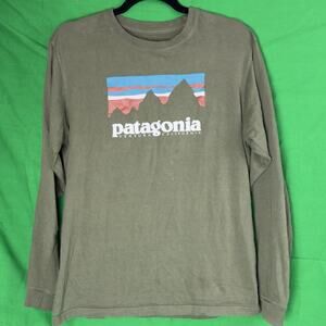 Patagonia Men Small Long Sleeve Shirt Logo Responsibili-Tee Green Cotton Blend